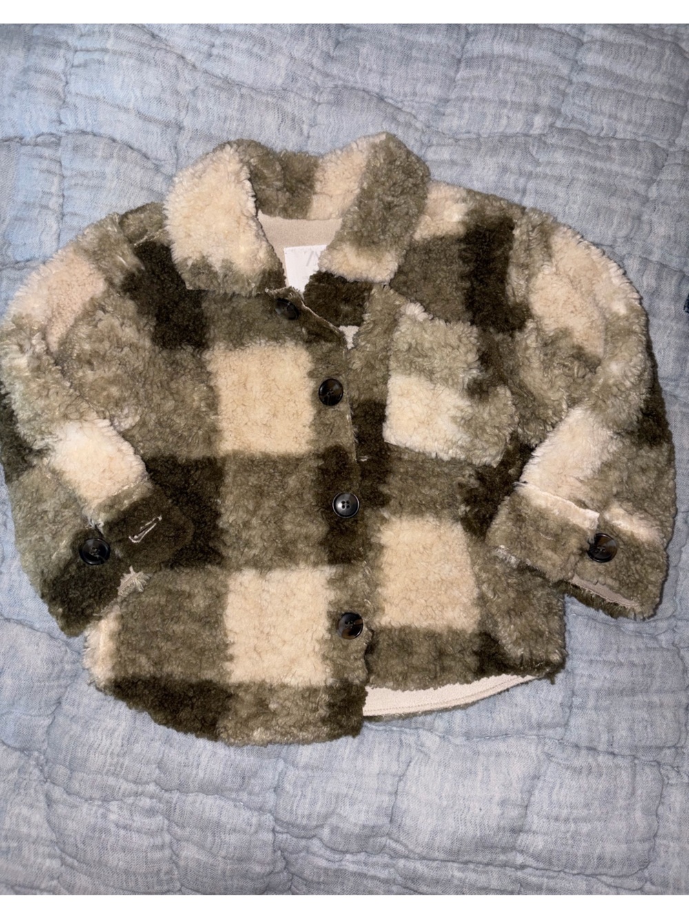 ZARA Faux Sherpa Fleece Suede Lined Checked Jacket Cream/Green | 18-24 months